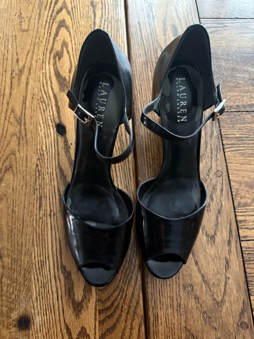 Lauren Ralph Lauren Black Patent Peep-Toe Ankle-Strap Wedge Heels